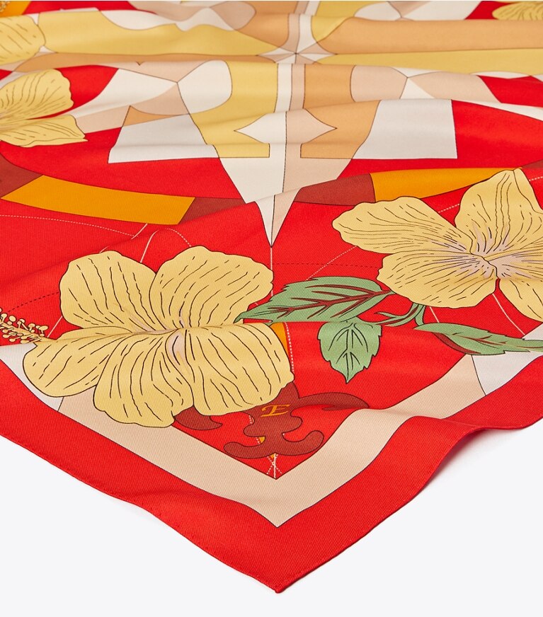 Tory Burch designer écharpes Carré de soie Floral Compass dans Floral Compass Red détails