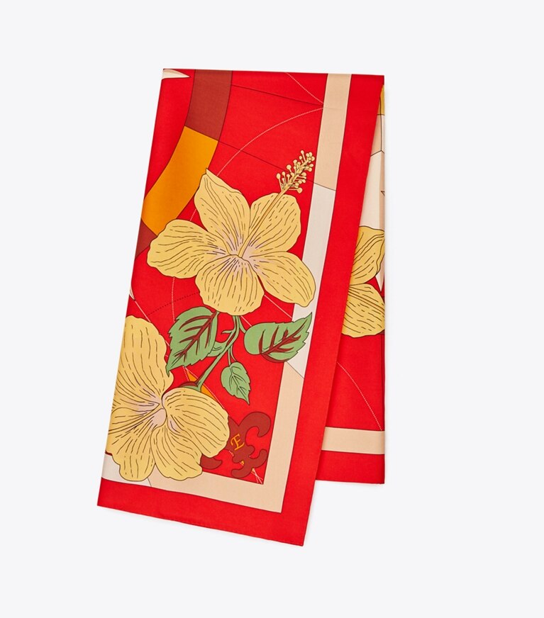 Tory Burch designer écharpes Carré de soie Floral Compass dans Floral Compass Red plié
