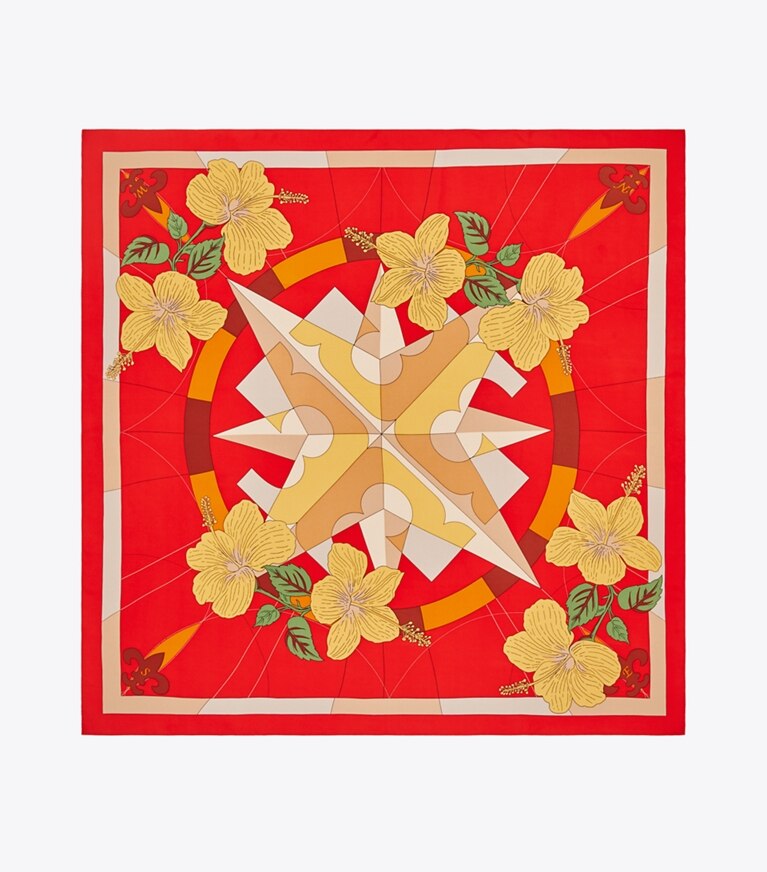 Tory Burch designer écharpes Carré de soie Floral Compass dans Floral Compass Red vue du dessus