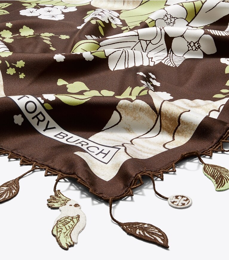 Tory Burch designer écharpes Carré de soie floral dans Green / Brown Floral détails