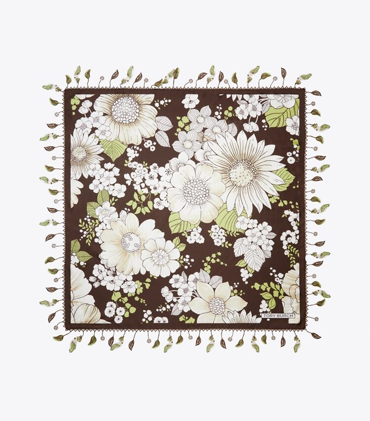 Tory Burch designer écharpes Carré de soie floral dans Green / Brown Floral vue du dessus
