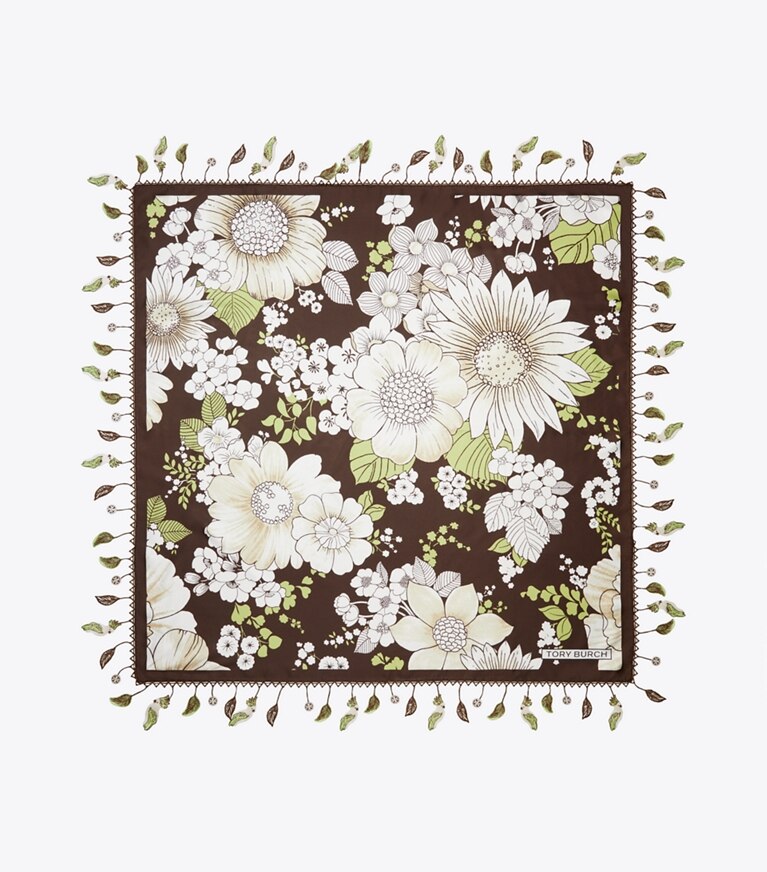 Tory Burch designer écharpes Carré de soie floral dans Green / Brown Floral vue du dessus