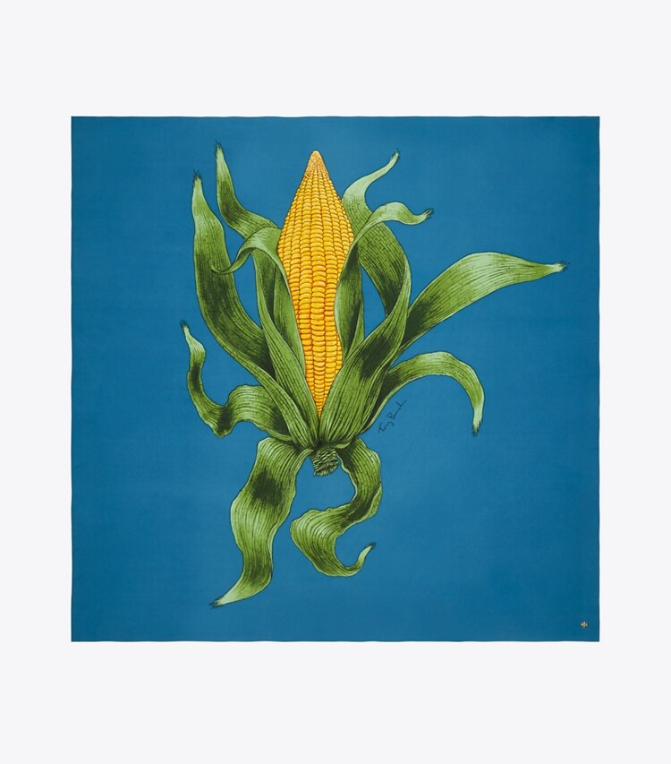 Tory Burch designer écharpes Carré de soie surdimensionné maïs dans Corn Blue vue du dessus