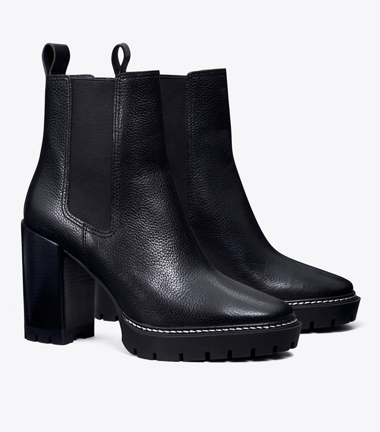 Tory Burch designer ankle boots Carson Lug Sole Ankle Boot in PERFECT BLACK / PERFECT BLACK angle