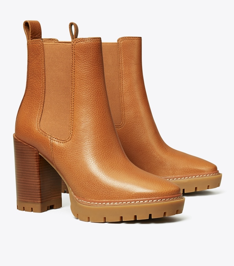 Tory Burch designer ankle boots Carson Lug Sole Ankle Boot in Toasted Caramel angle