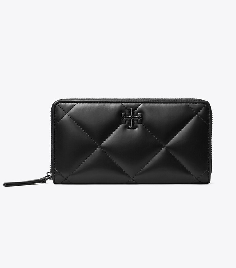 Tory Burch diseñador carteras Cartera continental con cremallera, acolchado en forma de rombos y recubrimiento en polvo Kira en Black frente