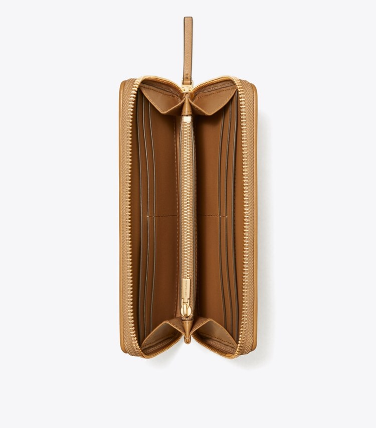 Tory Burch diseñador carteras Cartera continental con cremallera de chevrón Kira en Dusty Almond desde arriba