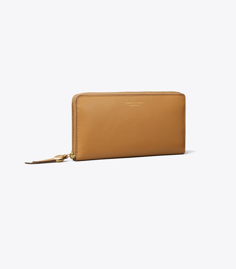 Tory Burch diseñador carteras Cartera continental con cremallera de piel en Tiramisu ángulo