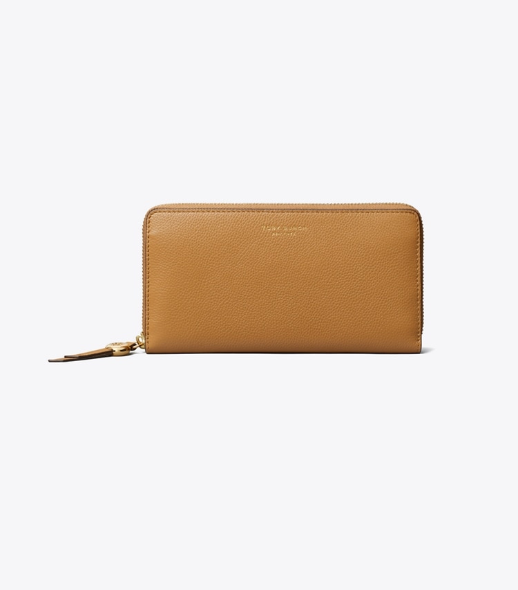 Tory Burch diseñador carteras Cartera continental con cremallera de piel en Tiramisu frontal