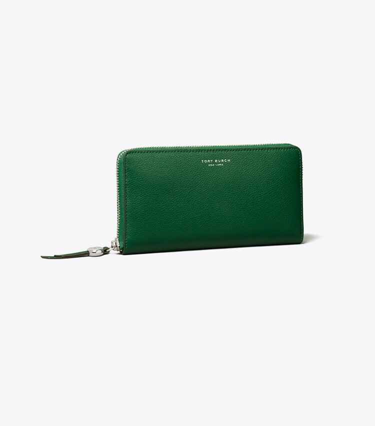 Tory Burch diseñador carteras Cartera continental con cremallera Romy en Dark Kale ángulo