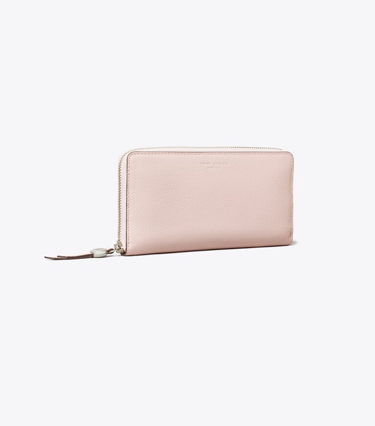 Tory Burch diseñador carteras Cartera continental con cremallera Romy en Rose ángulo