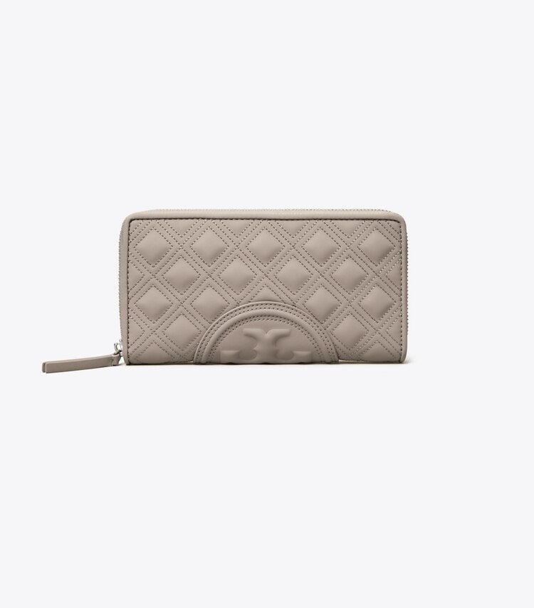 Tory Burch diseñador carteras Cartera continental con cremallera suave mate Fleming en Gray Heron frontal