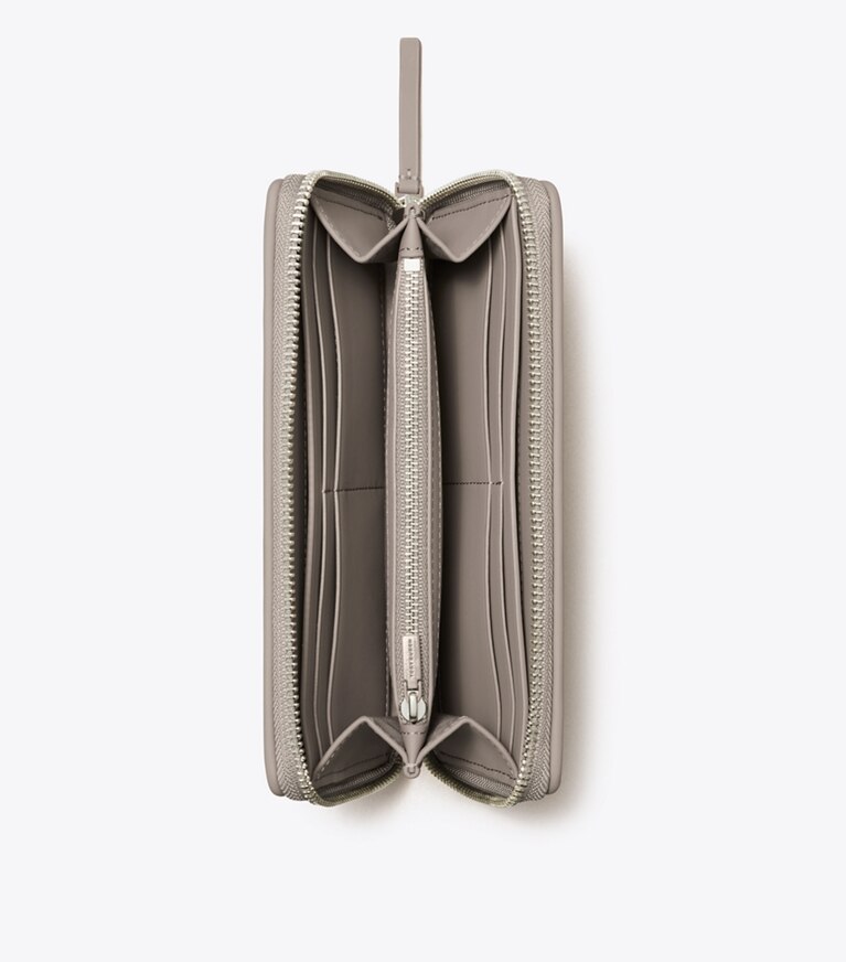 Tory Burch diseñador carteras Cartera continental con cremallera suave mate Fleming en Gray Heron desde arriba