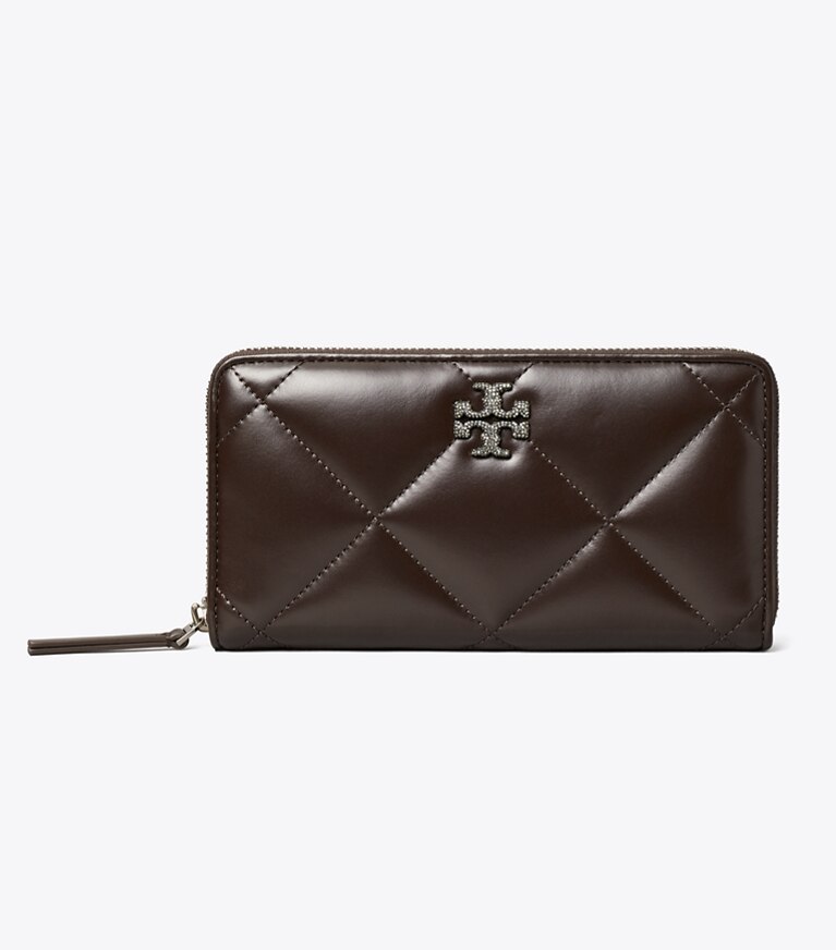Tory Burch diseñador carteras Cartera continental con cremallera y acolchado en patrón de rombos Kira en Cocoa frente