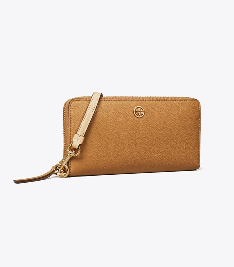 Tory Burch diseñador carteras Cartera continental con cremallera y textura graneada Robinson en Tiramisu ángulo