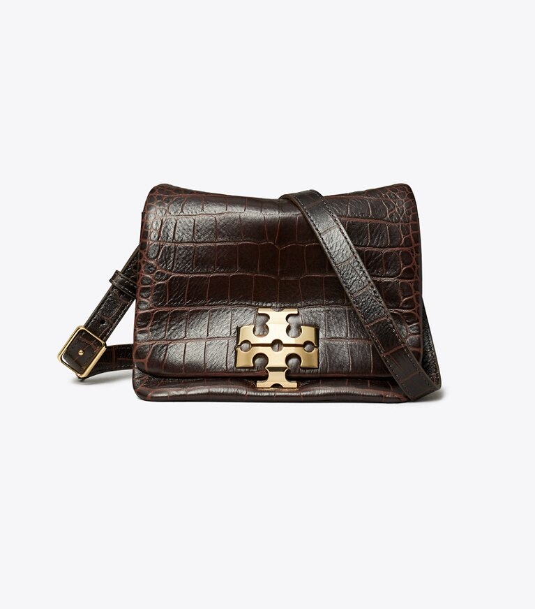 Tory Burch diseñador bolsos de hombro Cartera de hombro Charlie Runway con relieve efecto cocodrilo en Dark Brown frente
