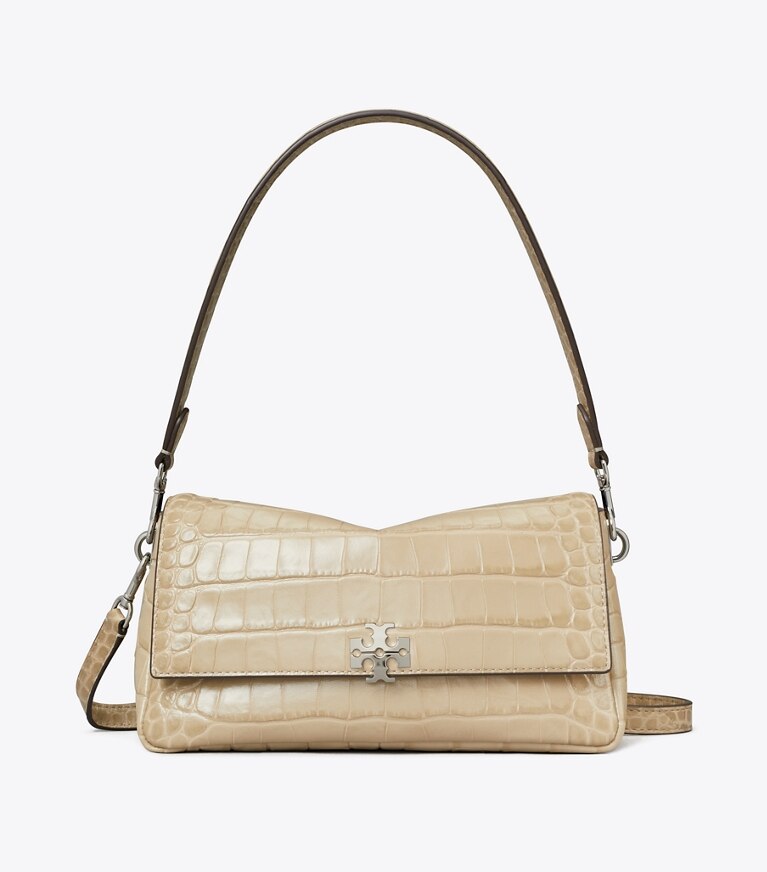 Tory Burch diseñador bolsos de hombro Cartera de hombro pequeña con grabado en relieve de cocodrilo Charlie en Light Hickory frente