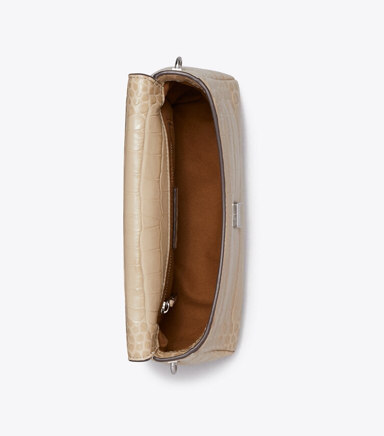 Tory Burch diseñador bolsos de hombro Cartera de hombro pequeña con grabado en relieve de cocodrilo Charlie en Light Hickory vista superior
