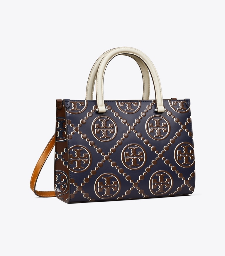 Tory Burch diseñador bolsos tote Cartera de mano con asa superior con relieve en contraste T con monograma en T en Tory Navy / John Coco ángulo