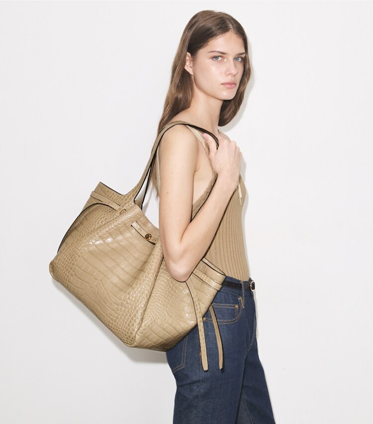 Tory Burch diseñador bolsos tote Cartera de mano con grabado de cocodrilo Romy en Light Hickory accesorio en modelo