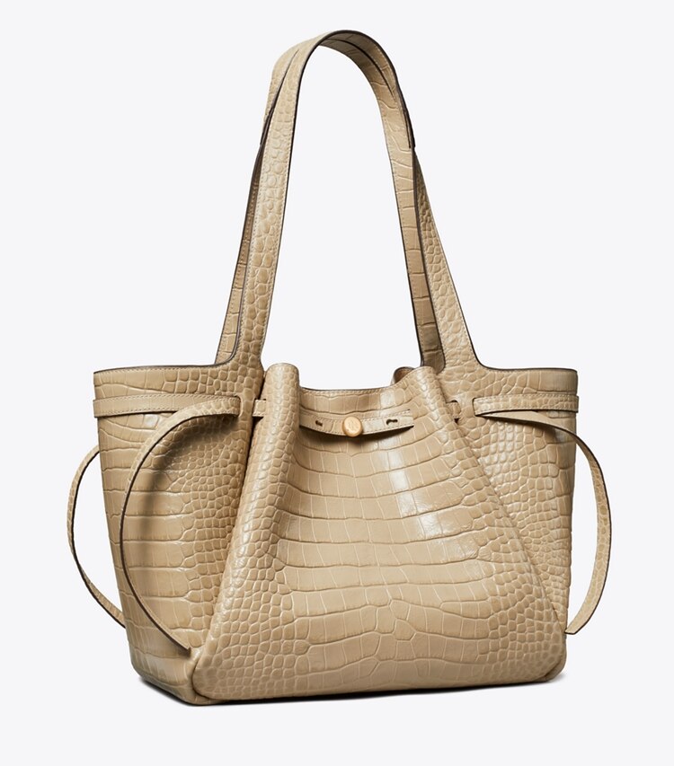 Tory Burch diseñador bolsos tote Cartera de mano con grabado de cocodrilo Romy en Light Hickory ángulo