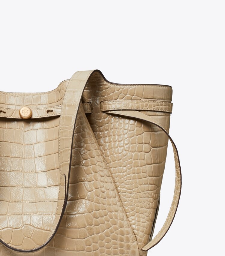 Tory Burch diseñador bolsos tote Cartera de mano con grabado de cocodrilo Romy en Light Hickory detalle