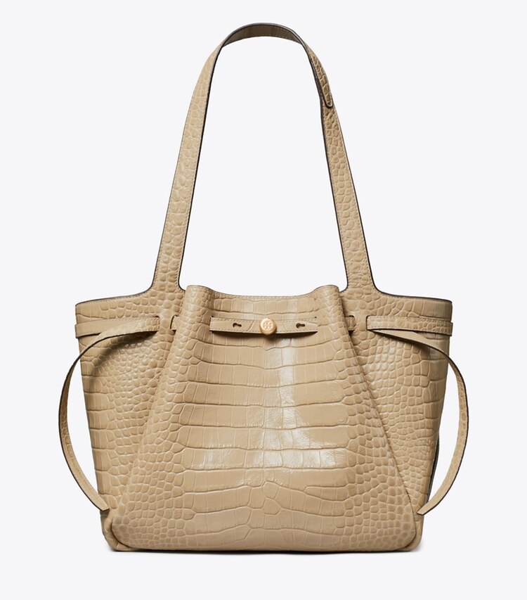 Tory Burch diseñador bolsos tote Cartera de mano con grabado de cocodrilo Romy en Light Hickory frente