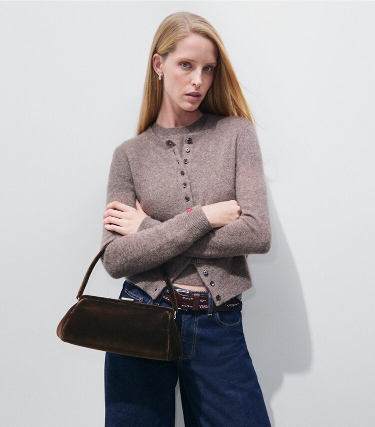 Tory Burch diseñador bolsos de mano Cartera de mano con marco de terciopelo en Chestnut accesorio en modelo