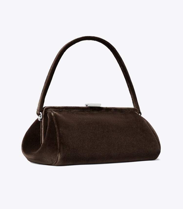 Tory Burch diseñador bolsos de mano Cartera de mano con marco de terciopelo en Chestnut ángulo