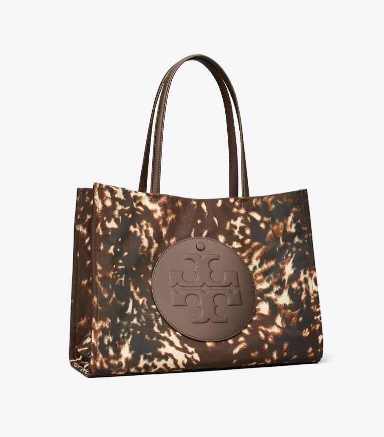 Tory Burch diseñador bolsos tote Cartera de mano de nailon pequeña estampada Ella en Fall Fawn ángulo