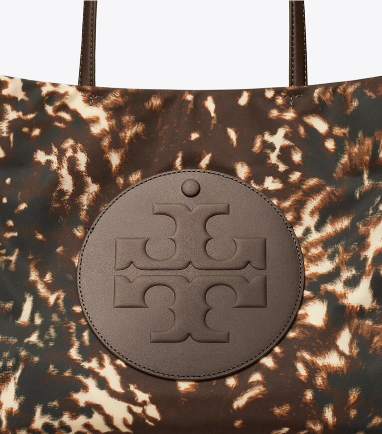 Tory Burch diseñador bolsos tote Cartera de mano de nailon pequeña estampada Ella en Fall Fawn detalle