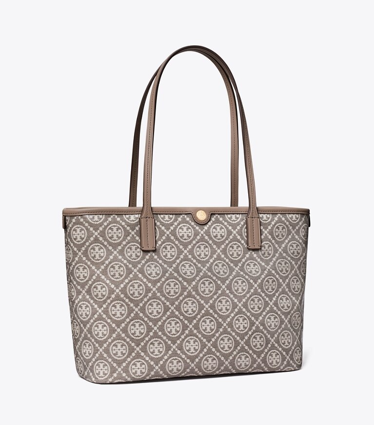 Tory Burch diseñador bolsos tote Cartera de mano pequeña con cremallera de jacquard revestido con monograma de T en Charcoal ángulo