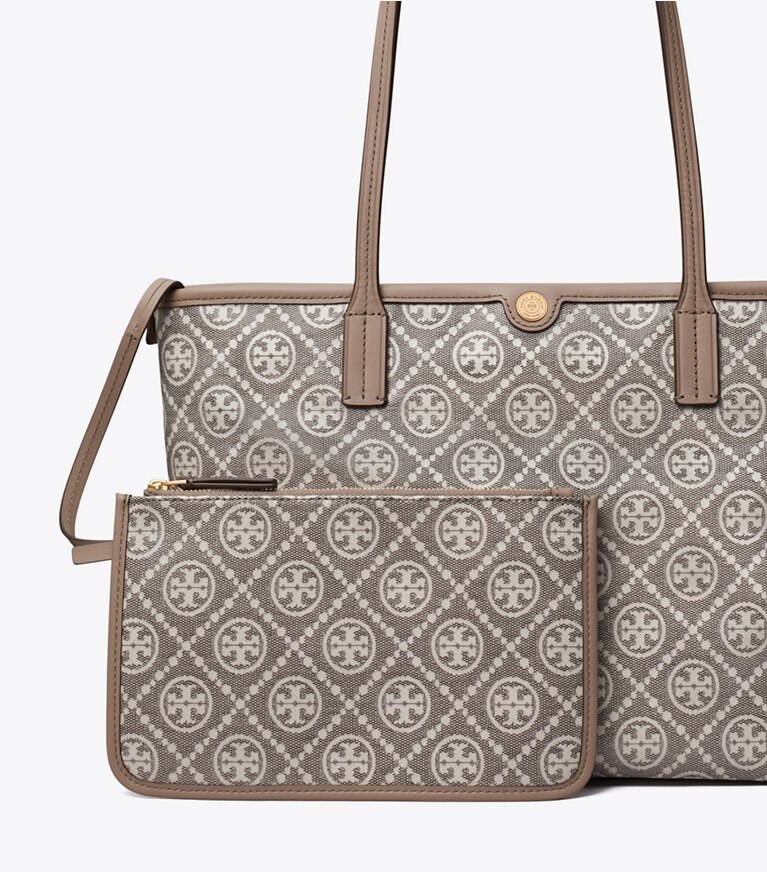 Tory Burch diseñador bolsos tote Cartera de mano pequeña con cremallera de jacquard revestido con monograma de T en Charcoal detalle