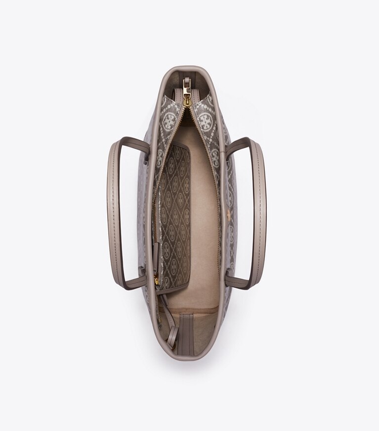 Tory Burch diseñador bolsos tote Cartera de mano pequeña con cremallera de jacquard revestido con monograma de T en Charcoal vista superior