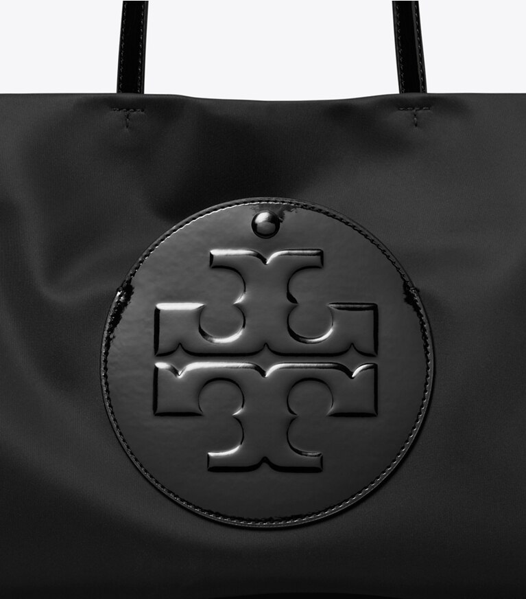 Tory Burch diseñador bolsos tote Cartera de mano pequeña Ella de charol en Black detalle