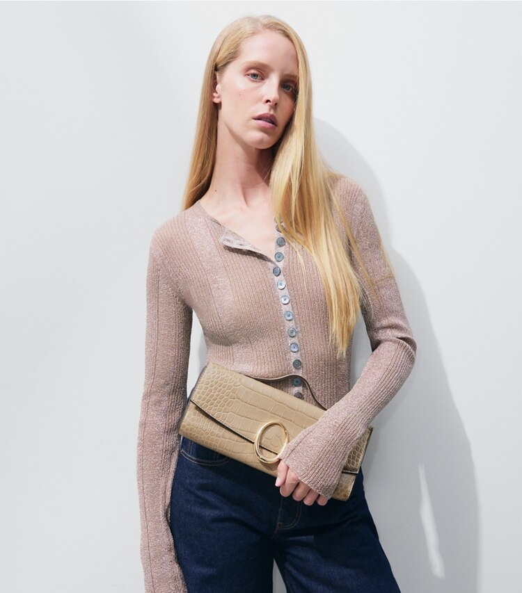 Tory Burch diseñador bolsos de mano Cartera de mano Pierced con grabado de cocodrilo en Ginger Leaf adicional en modelo