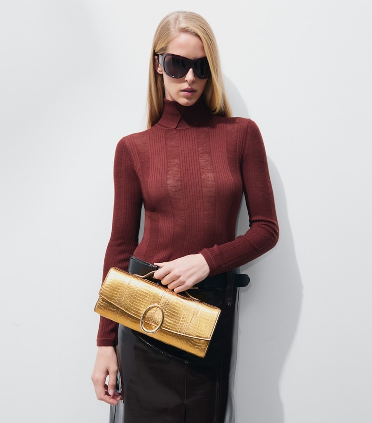 Tory Burch diseñador bolsos de mano Cartera de mano Pierced con piel de serpiente en Gold accesorio en modelo