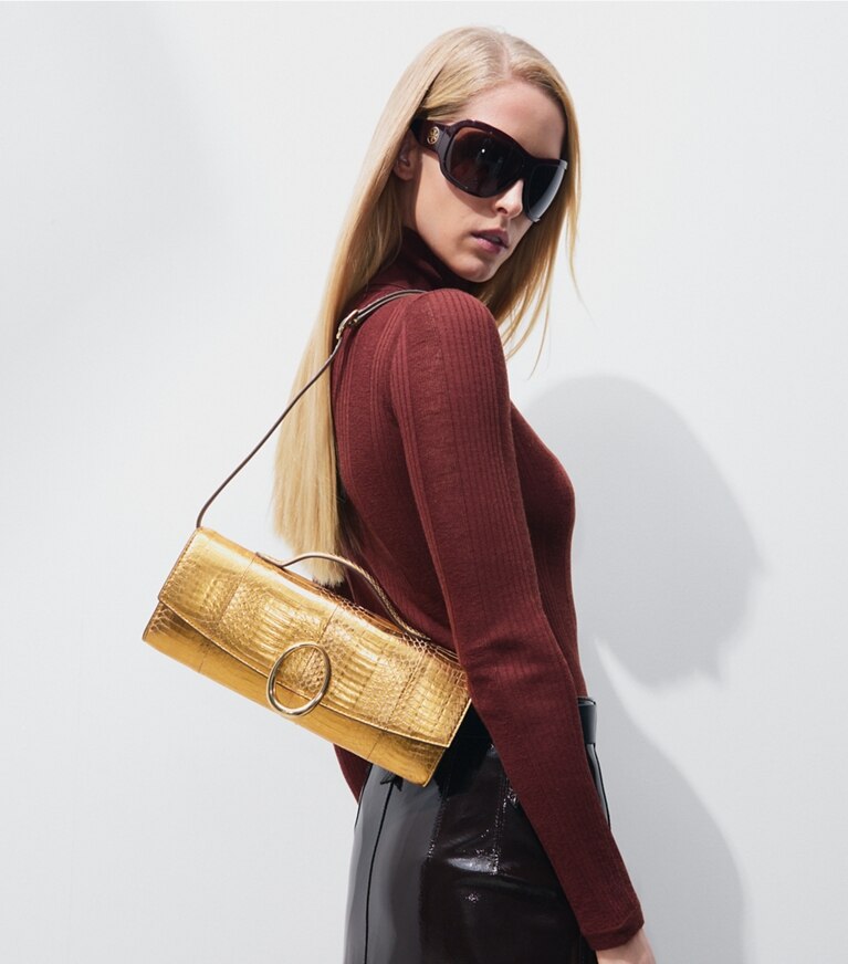Tory Burch diseñador bolsos de mano Cartera de mano Pierced con piel de serpiente en Gold adicional en modelo