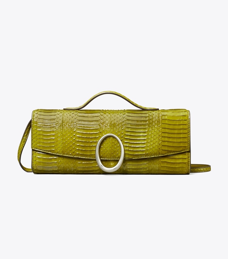 Tory Burch diseñador bolsos de mano Cartera de mano Pierced con piel de serpiente en Moss frente