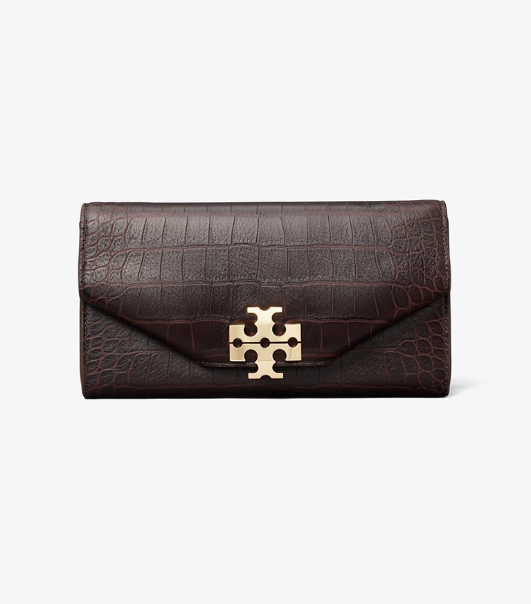 Tory Burch diseñador bolsos de mano Cartera de mano tipo sobre Charlie con efecto de cocodrilo en Dark Brown frente