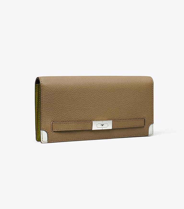 Tory Burch diseñador carteras Cartera delgada de piel graneada T en Wild Mushroom ángulo