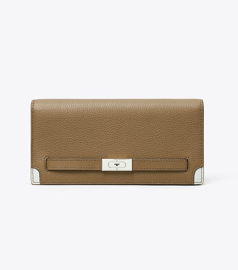 Tory Burch diseñador carteras Cartera delgada de piel graneada T en Wild Mushroom frente