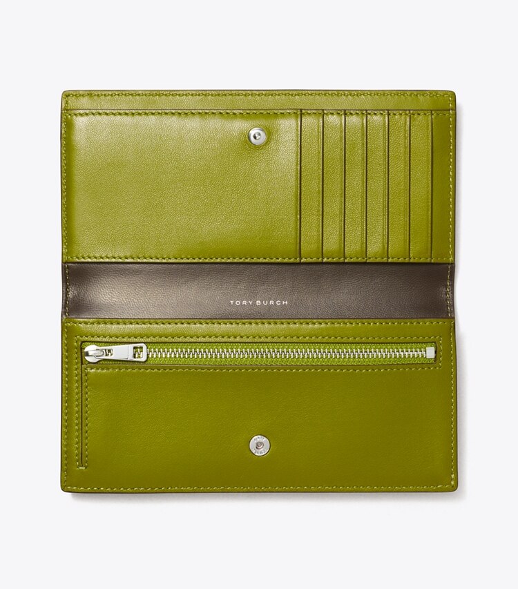 Tory Burch diseñador carteras Cartera delgada de piel graneada T en Wild Mushroom vista superior