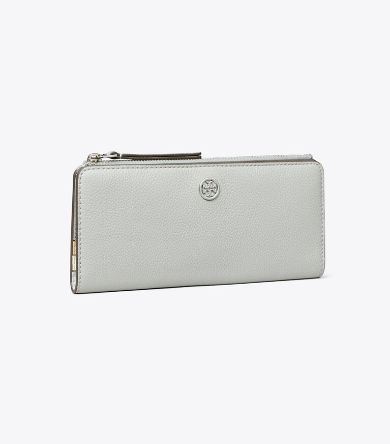 Tory Burch diseñador carteras Cartera fina graneada con cremallera Robinson en Light Granite ángulo