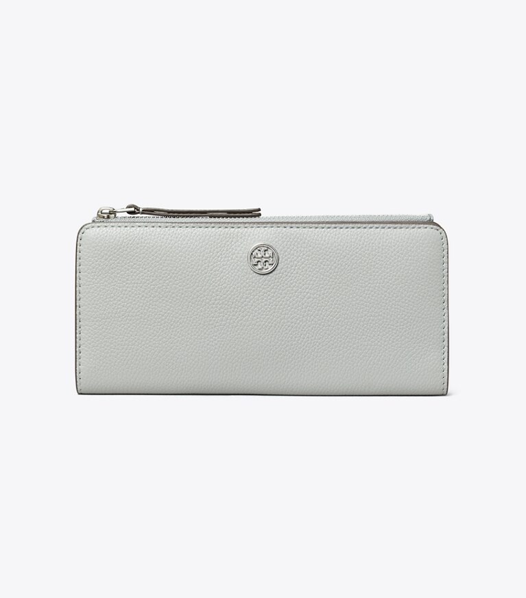 Tory Burch diseñador carteras Cartera fina graneada con cremallera Robinson en Light Granite frente