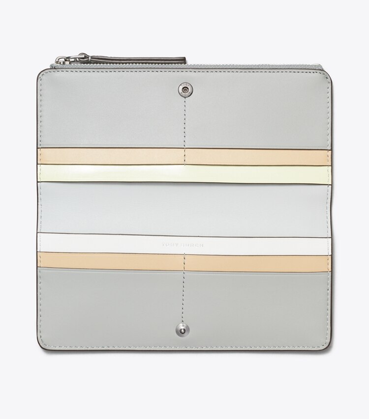 Tory Burch diseñador carteras Cartera fina graneada con cremallera Robinson en Light Granite vista superior
