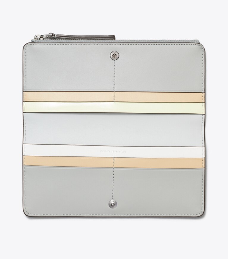 Tory Burch diseñador carteras Cartera fina graneada con cremallera Robinson en Light Granite vista superior