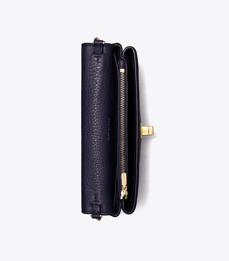 Tory Burch diseñador bolsos bandolera Cartera Kira de piel granulada con cadena en Royal Navy desde arriba