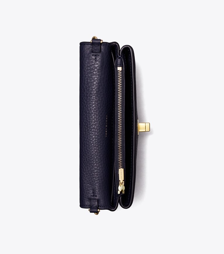 Tory Burch diseñador bolsos bandolera Cartera Kira de piel granulada con cadena en Royal Navy desde arriba