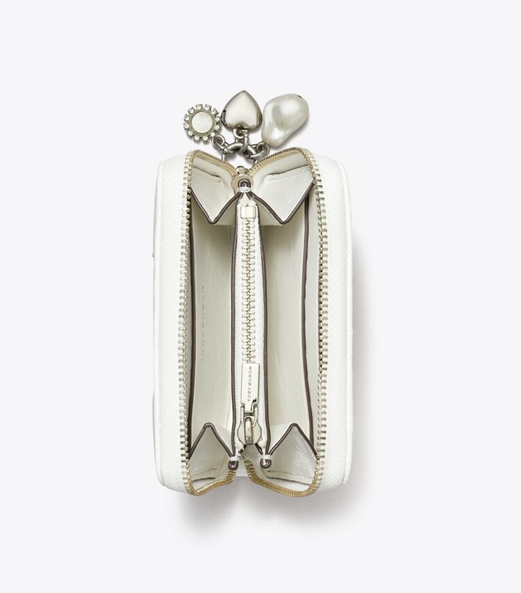 Tory Burch diseñador carteras Cartera pequeña acolchada con forma de rombos desgastada, con dije y cremallera Kira en Blanc vista superior